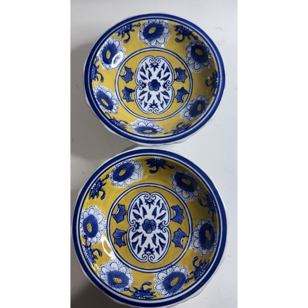 Vintage CHINESE Chinoiserie PEDESTAL DISH Yellow & Blue Porcelain Hand Painted